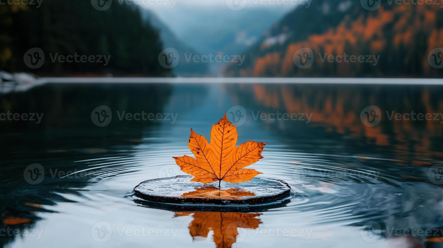Serene Autumn Maple Leaf Floating on Calm Lake Water with Mountain Background photo