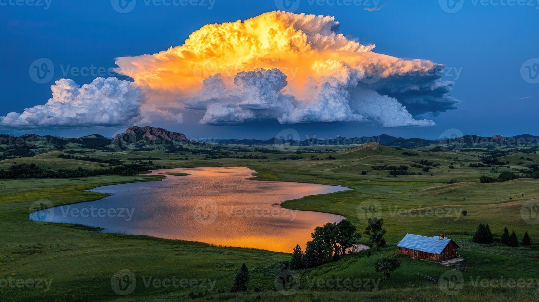 Dramatic Sunset over Serene Lake Rolling Hills and Ranch House in Scenic Landscape photo