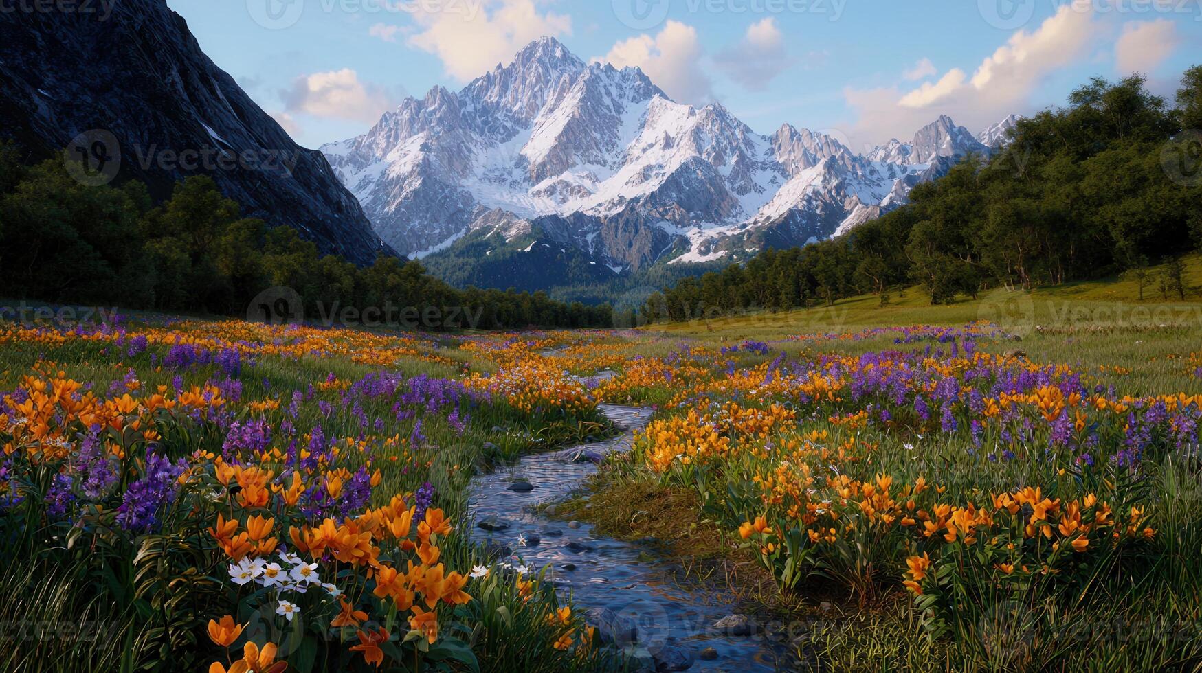 Serene Mountain Meadow Landscape Wildflowers Stream and Majestic Snow Capped Peaks photo
