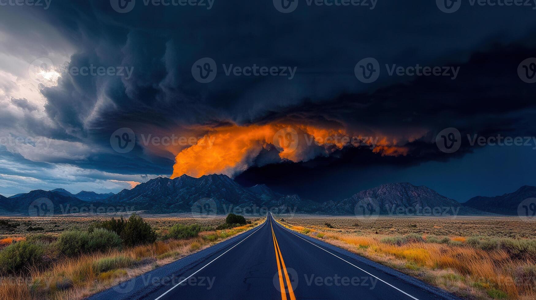 Dramatic Sunset Storm Clouds over Mountain Range Highway Landscape photo