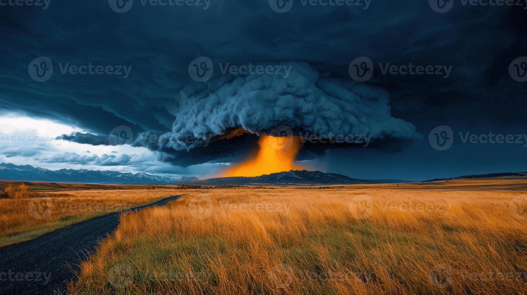Dramatic Sunset Storm Clouds over Golden Prairie Landscape with Road photo