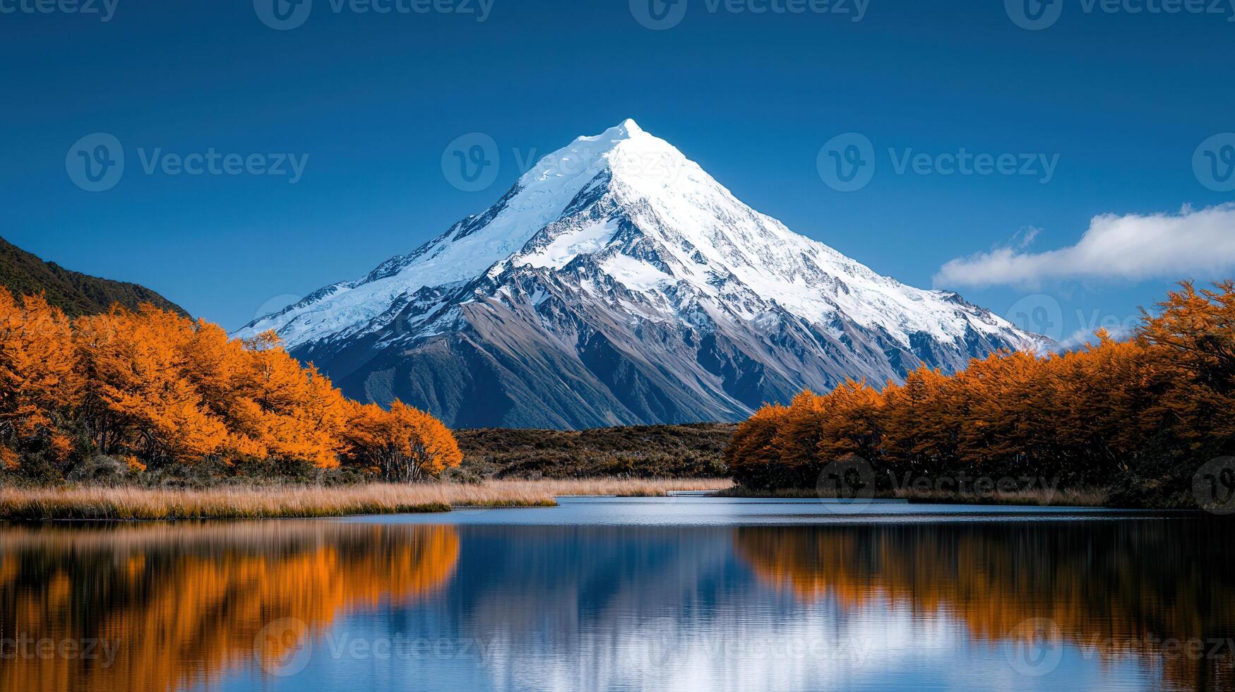 Majestic Snow Capped Mountain Peak Reflected in Calm Autumn Lake Scenic Landscape Photography photo