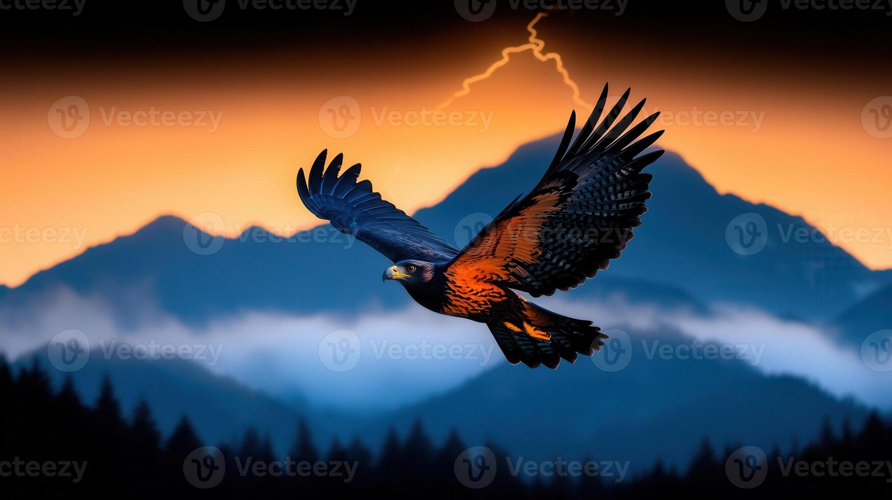 Majestic Eagle Soaring at Sunset Over Dramatic Mountain Range photo