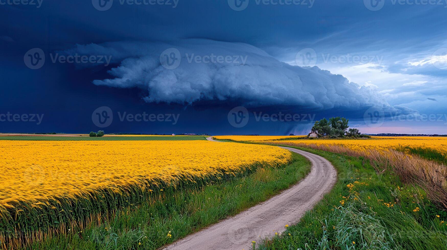 Dramatic Storm Clouds Over Golden Wheat Field Country Road Rural Landscape photo