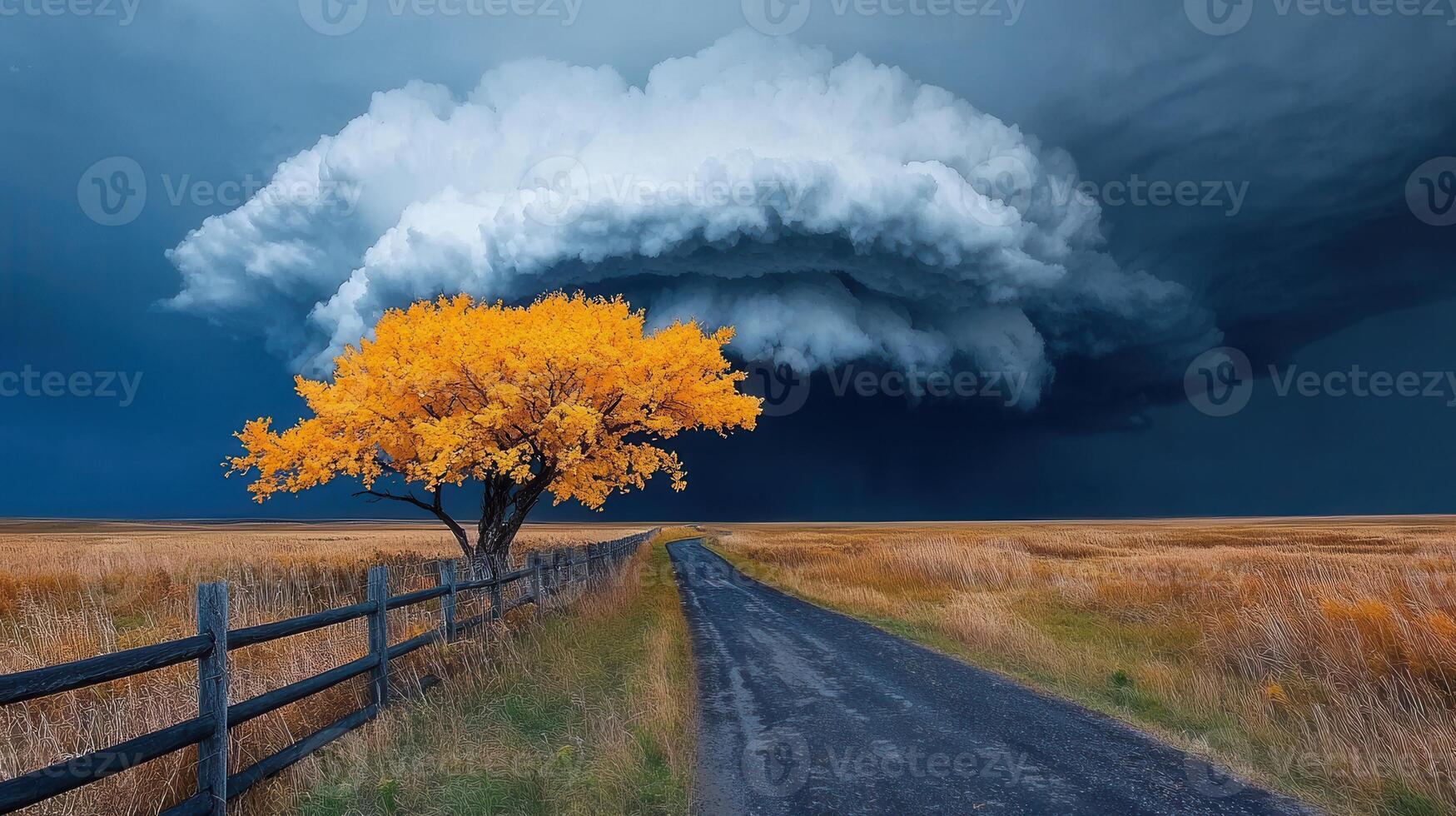 Dramatic Autumn Landscape Lone Yellow Tree Country Road and Imminent Storm Clouds photo