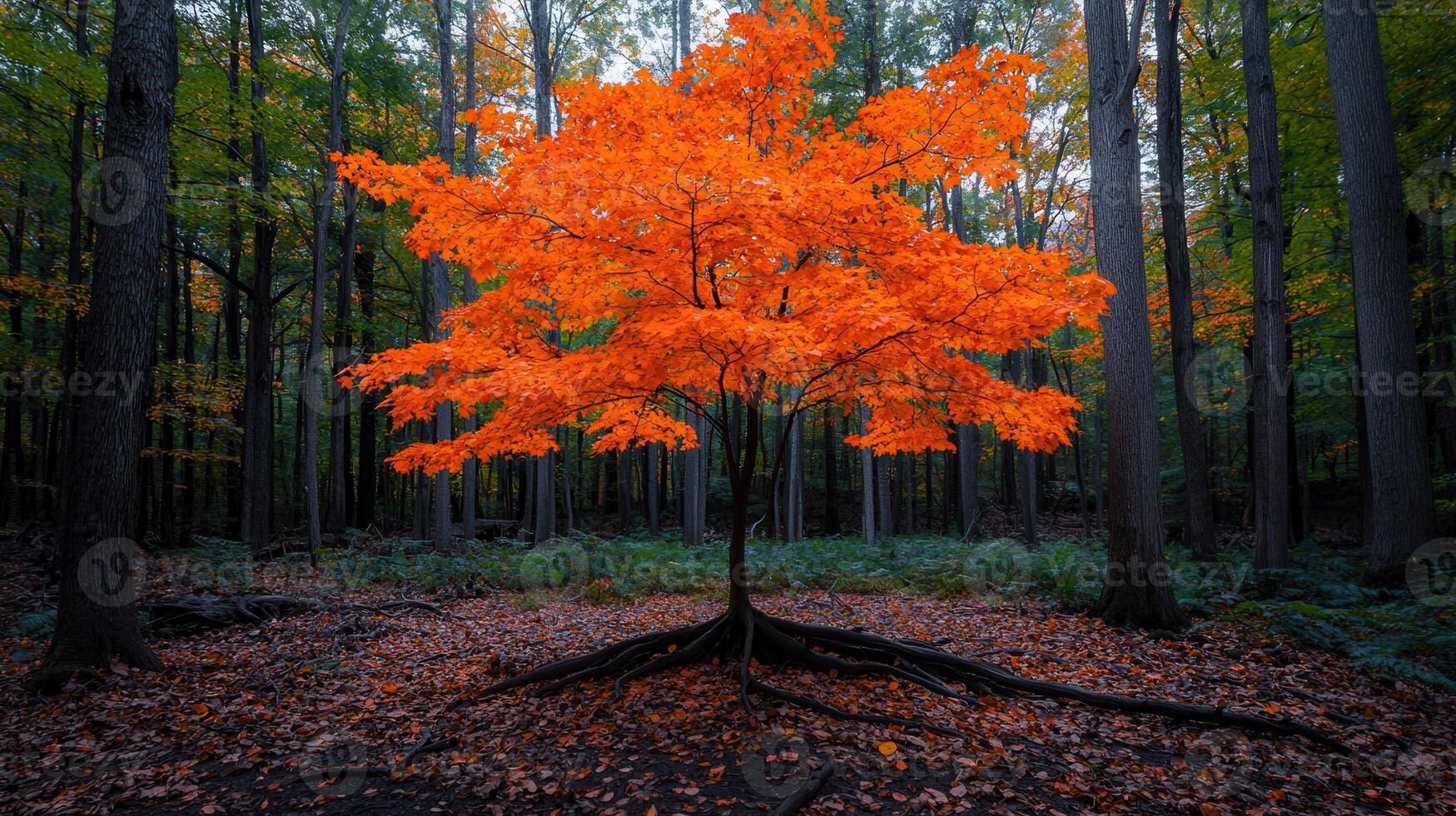 Vibrant Orange Maple Tree in Autumn Forest Landscape Photography photo