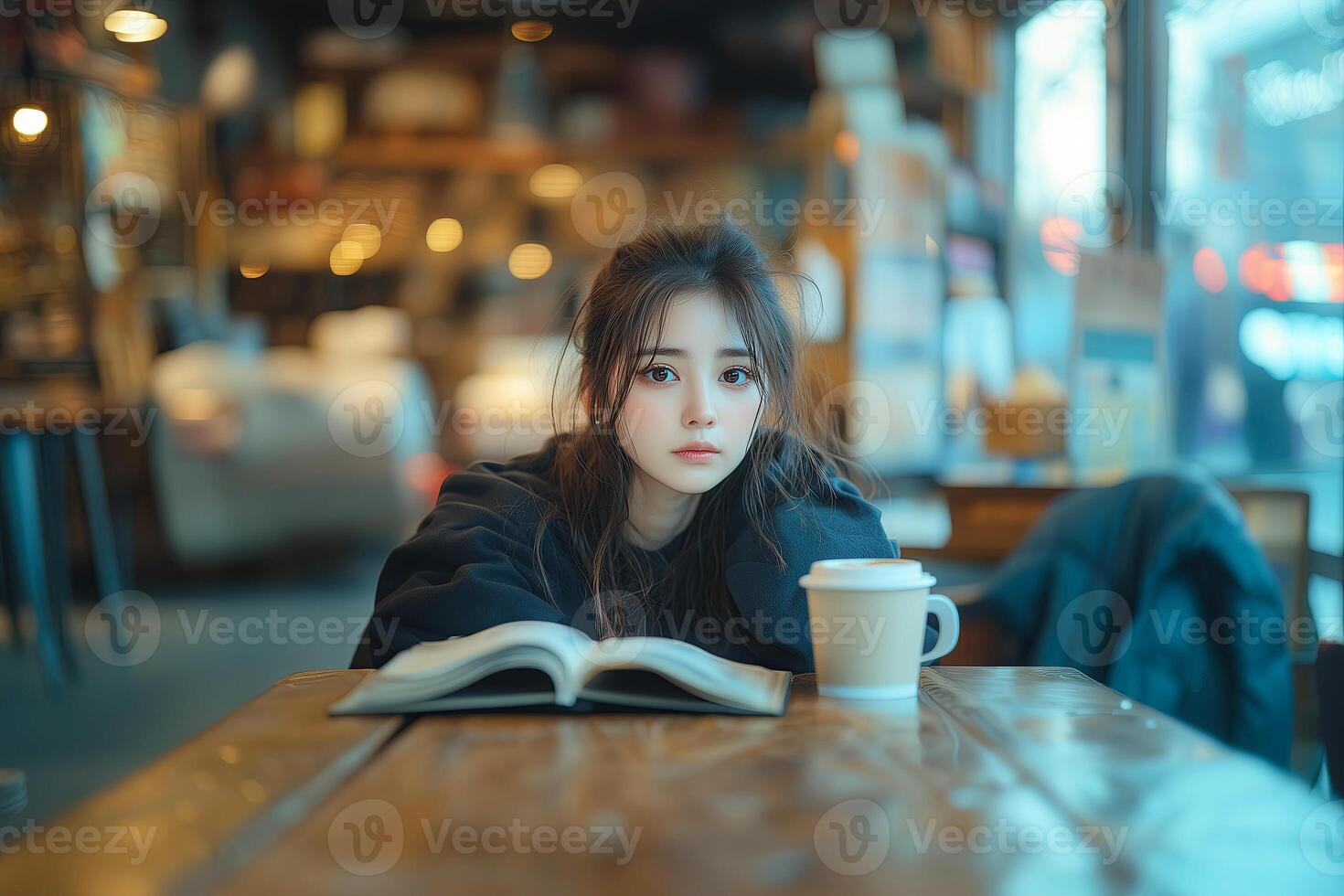 A woman is sitting at a table with a book and coffee photo