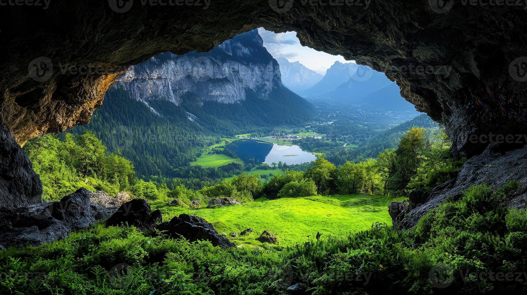 Stunning Mountain Valley View from Cave Opening Lush Green Landscape Alpine Scenery photo