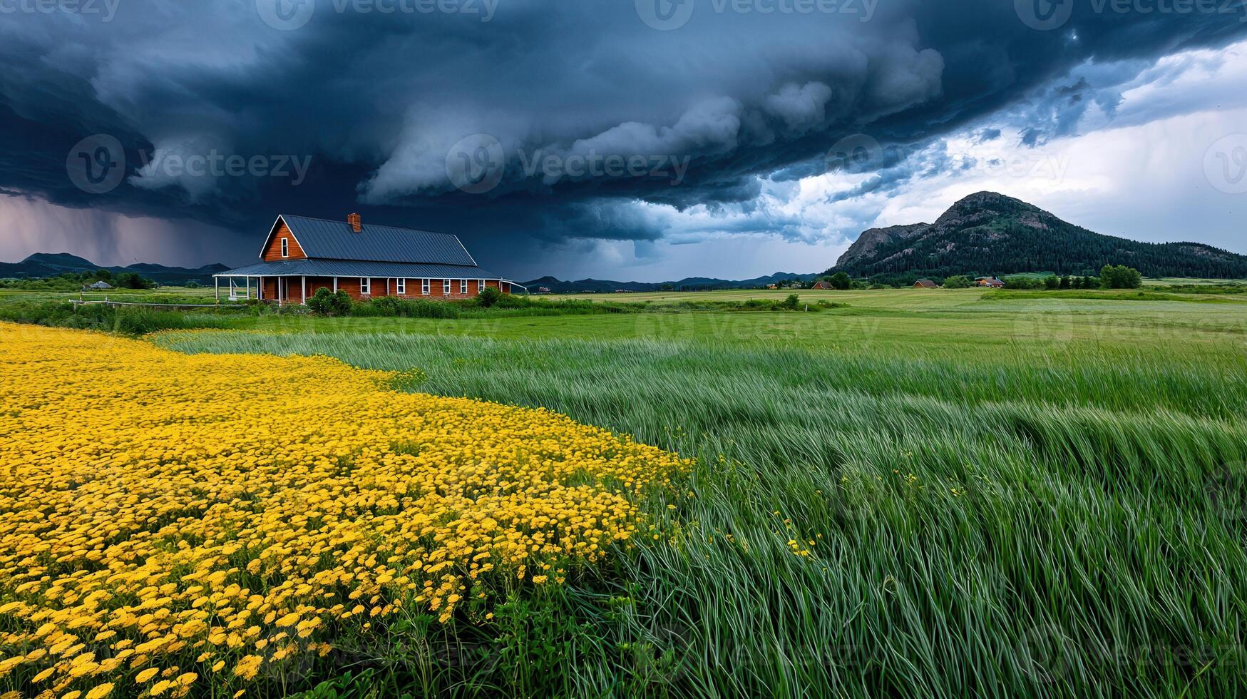 Dramatic Storm Clouds Over Rural Farm House and Yellow Wildflowers Field photo
