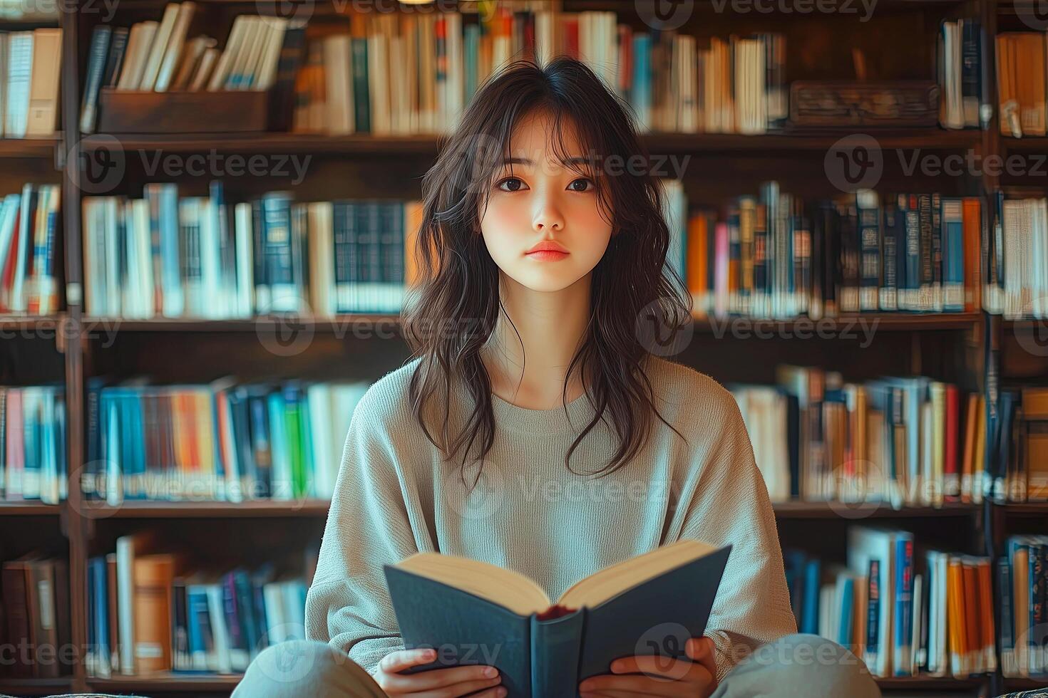 A woman is sitting in front of a book shelf photo