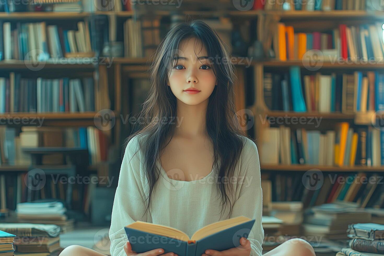 A young woman sitting on the floor in front of bookshelves photo