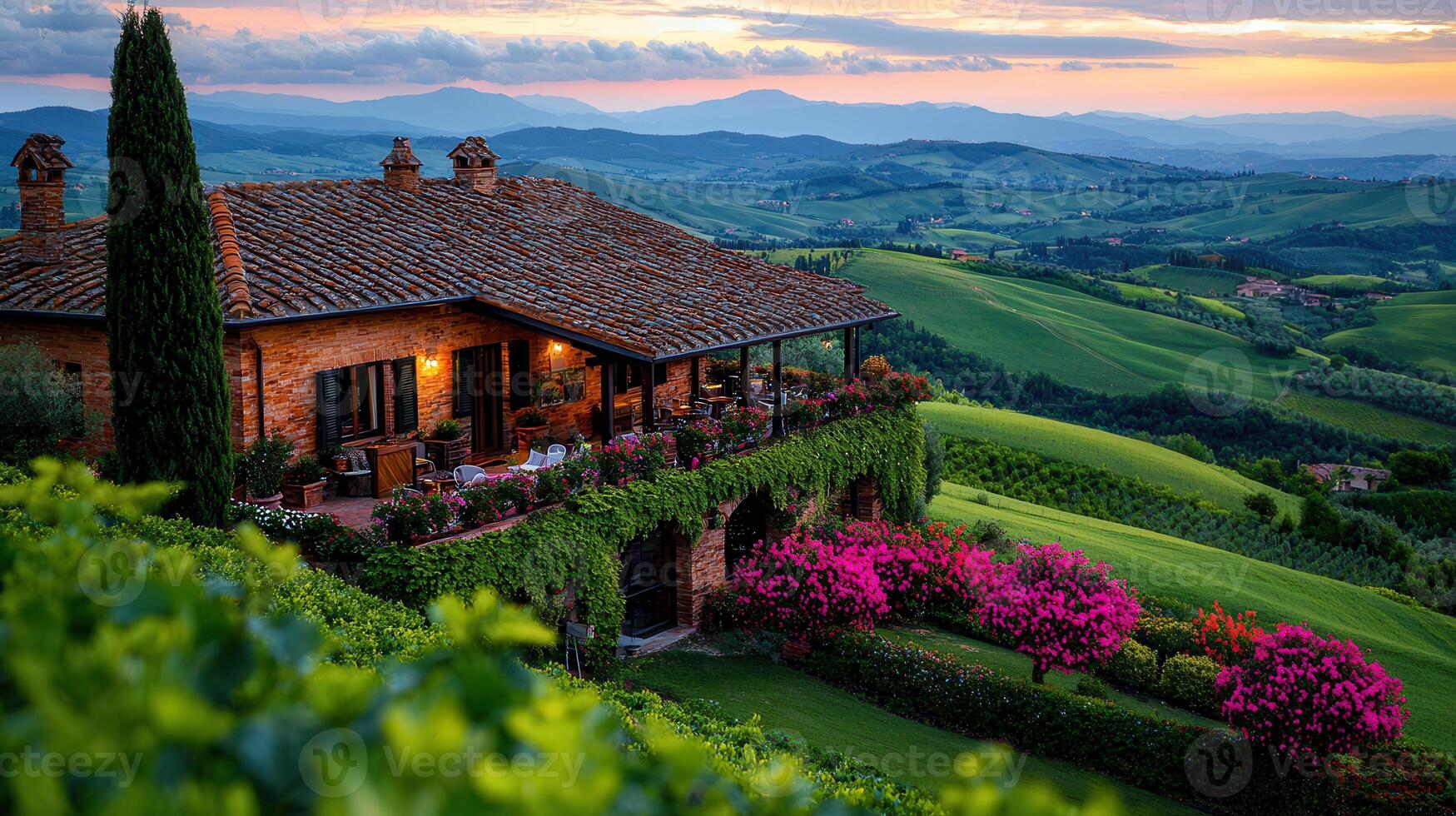 Tuscan Villa Sunset Rolling Hills Brick House Blooming Flowers Italian Countryside photo