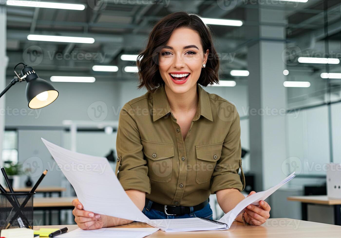 A woman is smiling while holding papers and a pen photo
