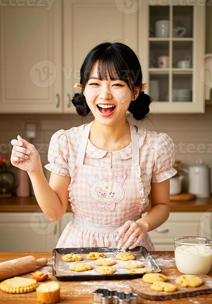 A woman in an apron is smiling while making cookies photo