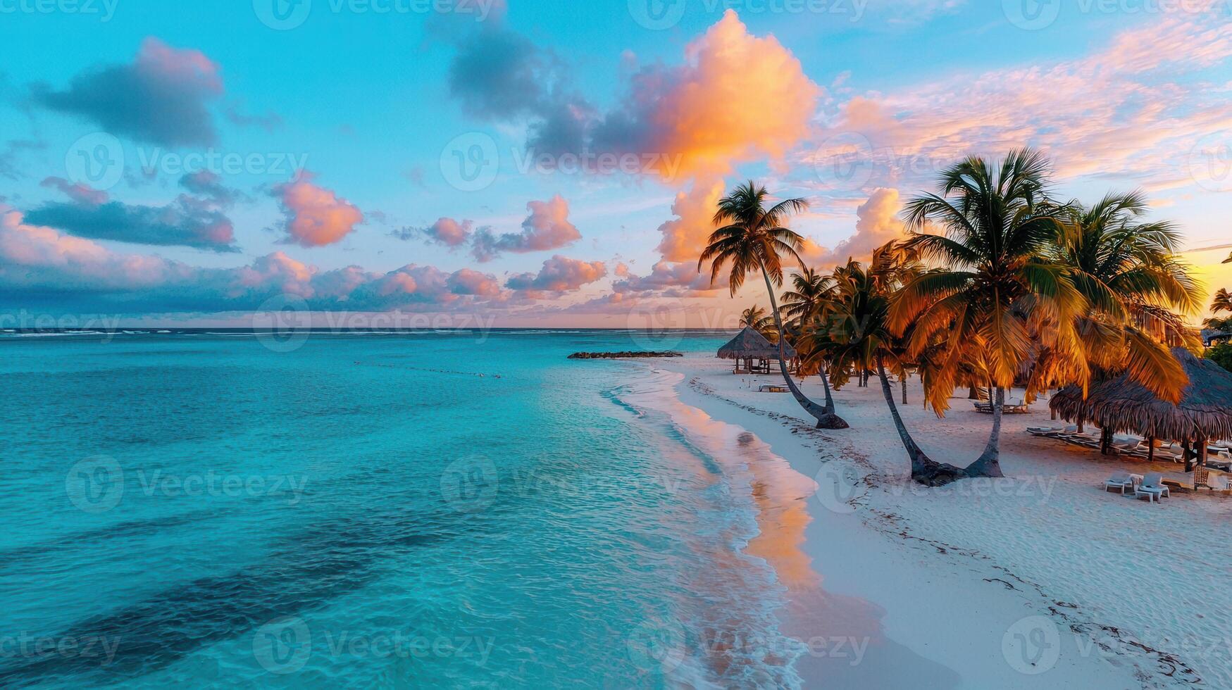 Breathtaking Sunset View of Tropical Beach with Palm Trees and Azure Ocean photo