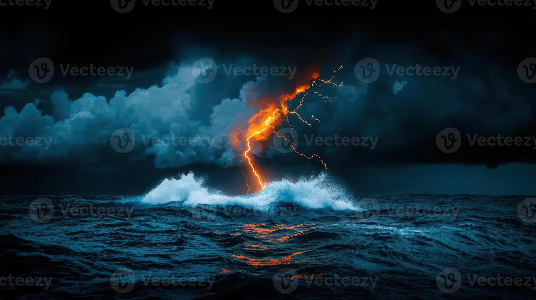 Dramatic Ocean Storm with Lightning Strike and Rough Waves at Night photo
