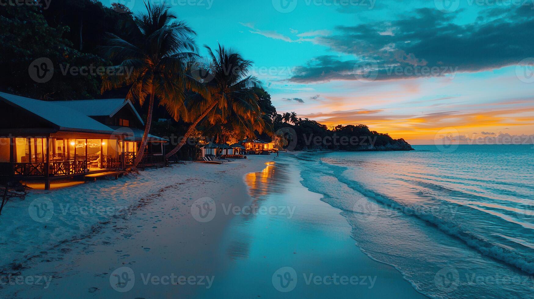 Tropical Beachfront Cabanas at Sunset Idyllic Ocean View Calm Waves photo
