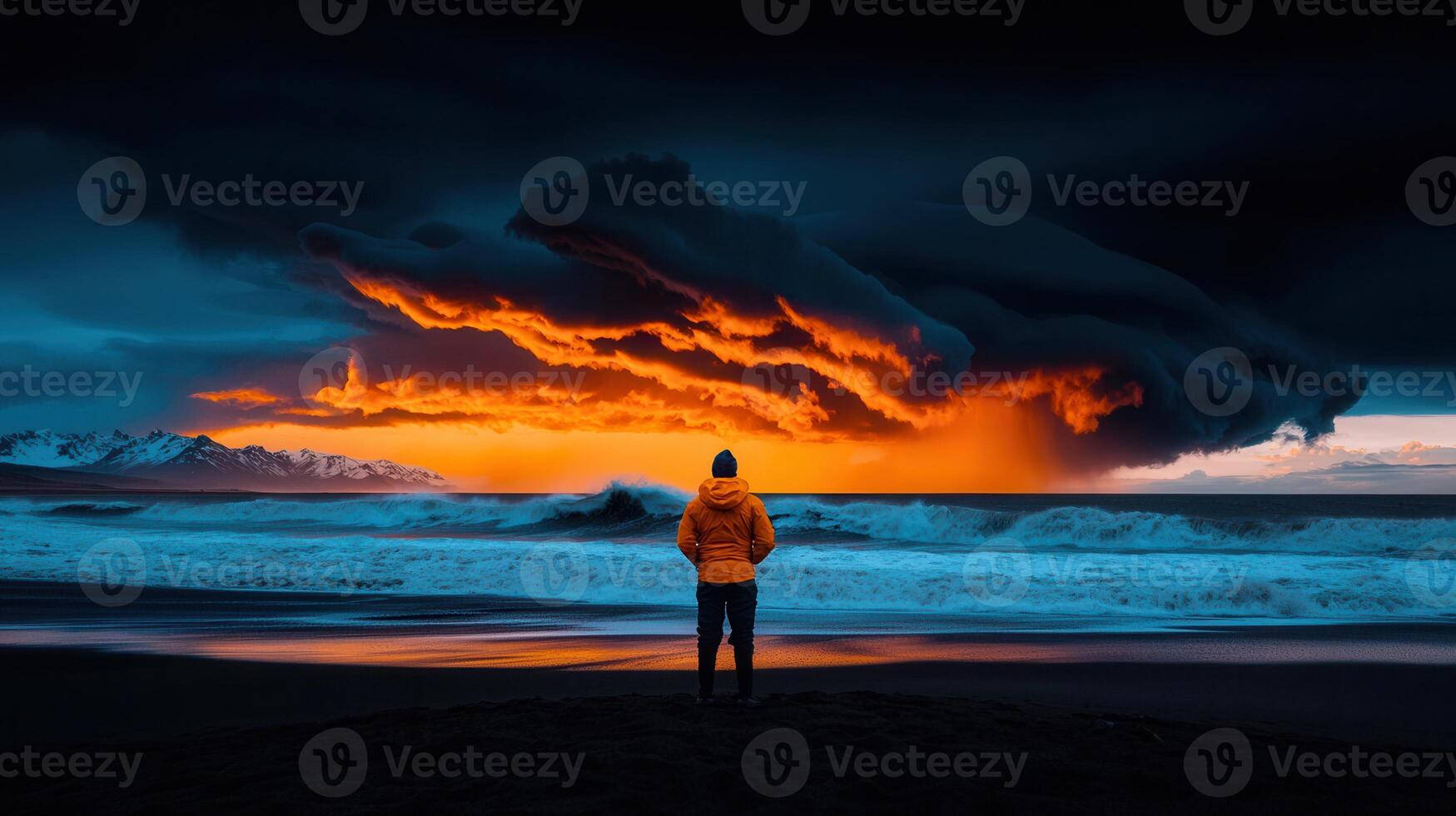 Dramatic Sunset Seascape Man Silhouetted Against Fiery Sky and Ocean Waves photo