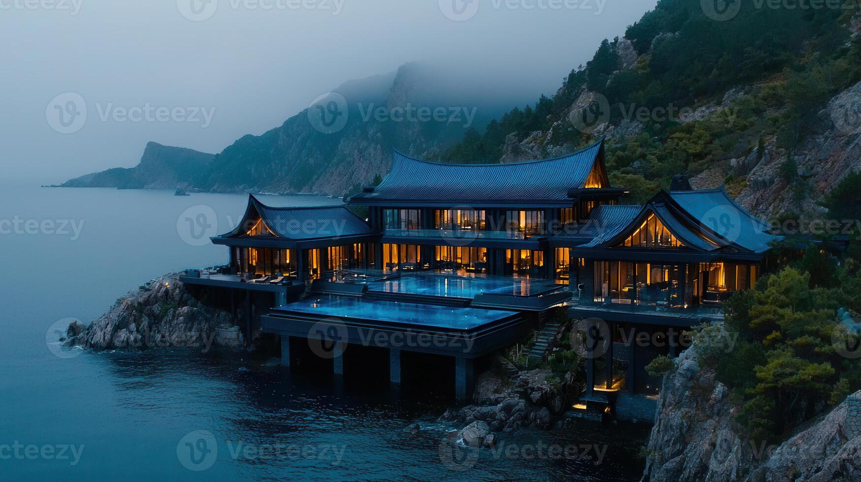 Luxurious Modern Asian Style Villa by the Sea at Dusk Ocean View photo