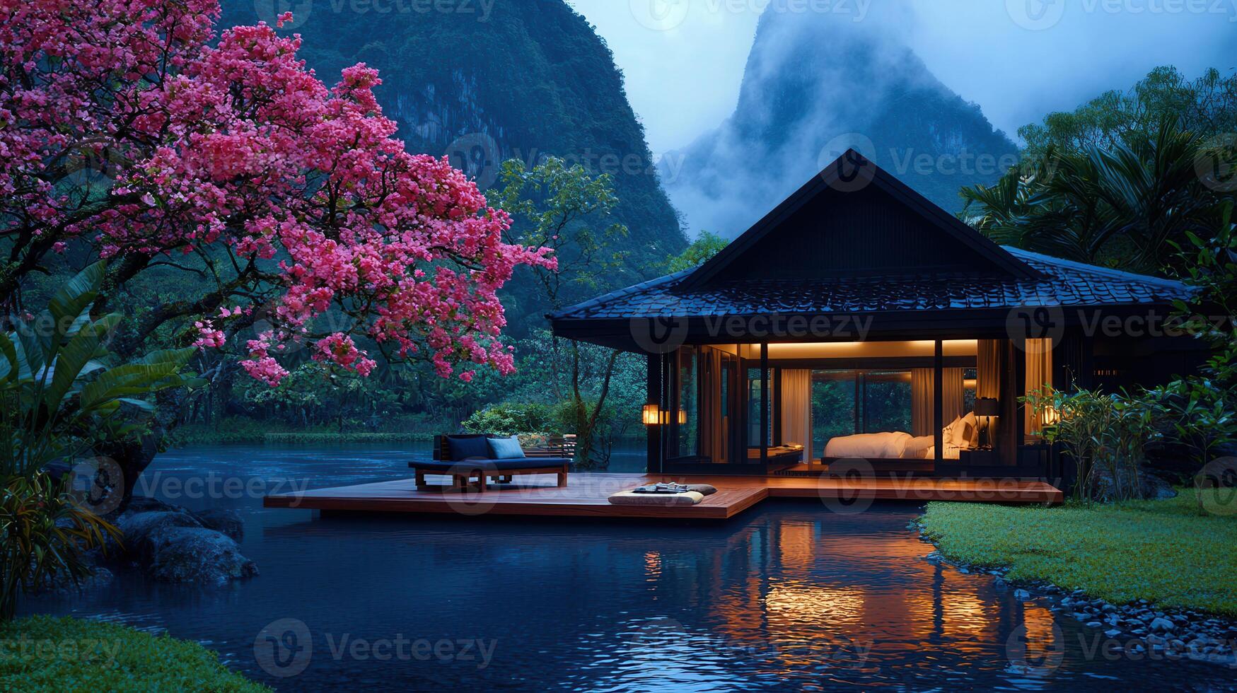 Serene Lakeside Villa with Blooming Pink Tree Mountain View at Dusk photo