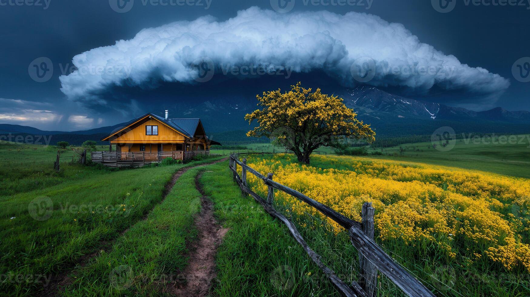 Dramatic Mountain Landscape with Yellow Flowers Wooden House and Storm Clouds photo