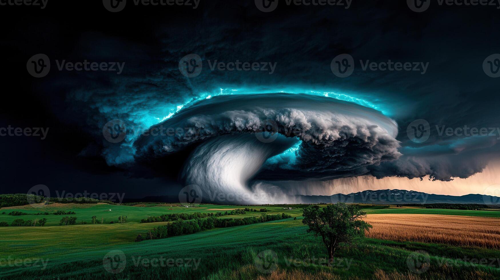 Dramatic Rotating Supercell Thunderstorm Over Rural Landscape with Lightning photo
