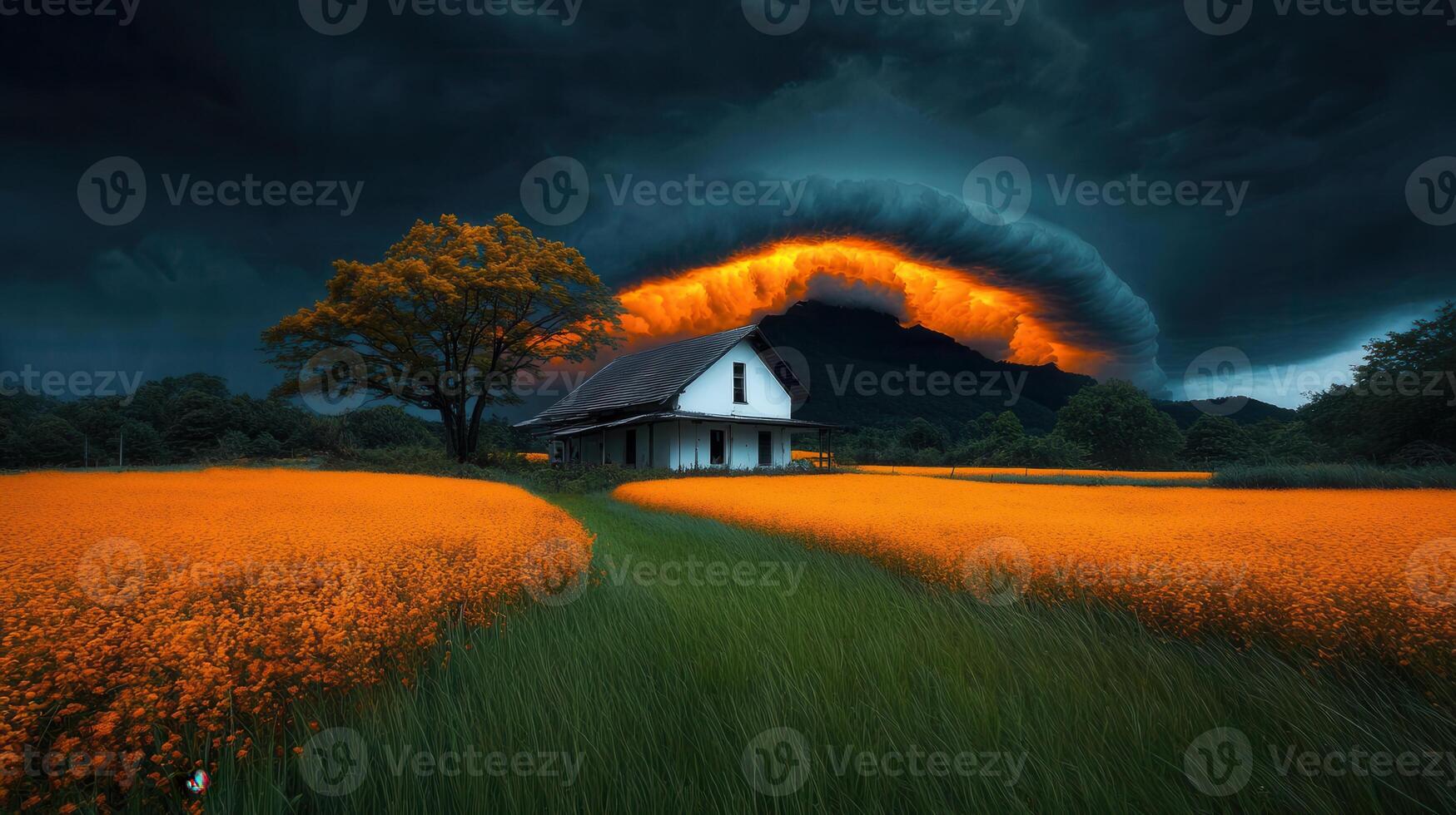 Dramatic Sunset Storm Clouds over Rural Farmhouse and Orange Flower Field photo