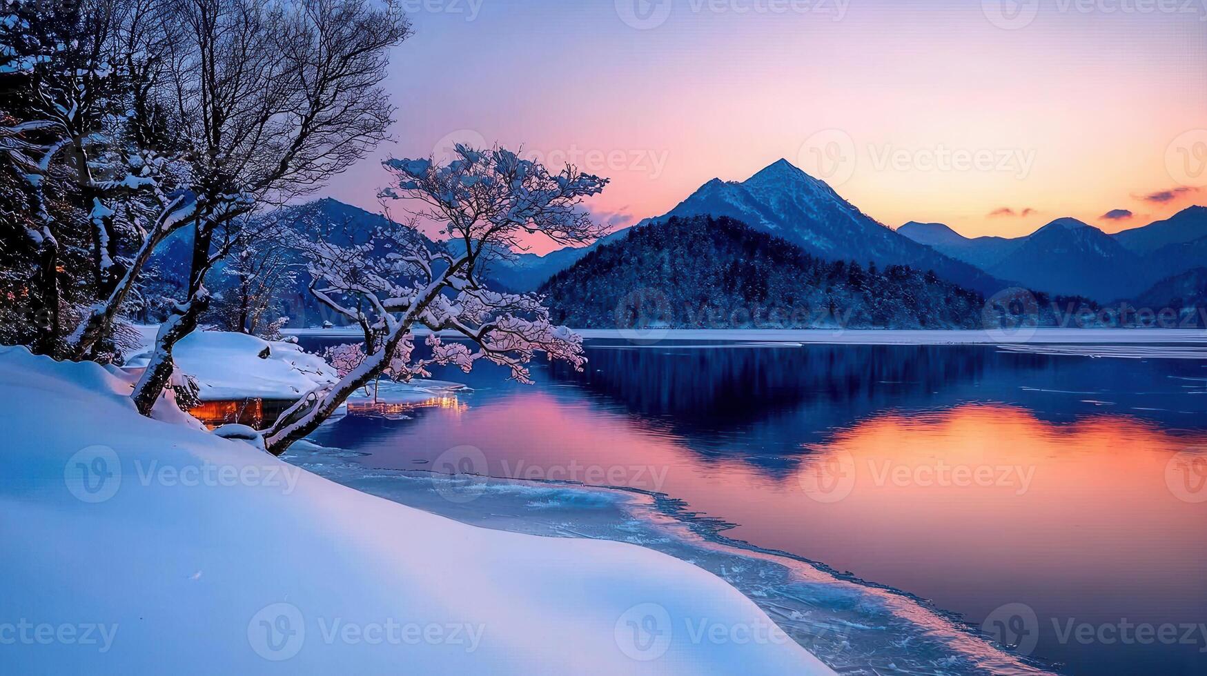 Serene Winter Sunset over Mountain Lake and Snow Covered Shore photo