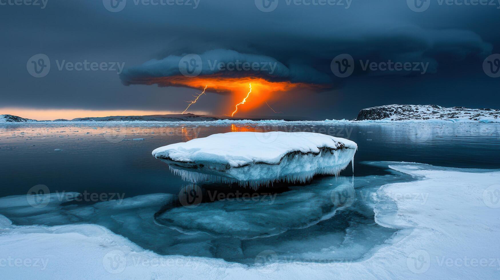 Dramatic Arctic Lightning Storm Over Icy Water and Snow Covered Iceberg photo