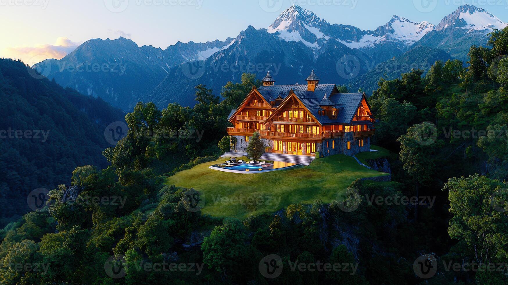 Luxurious Mountain Chalet with Infinity Pool at Dusk Breathtaking Alpine View photo