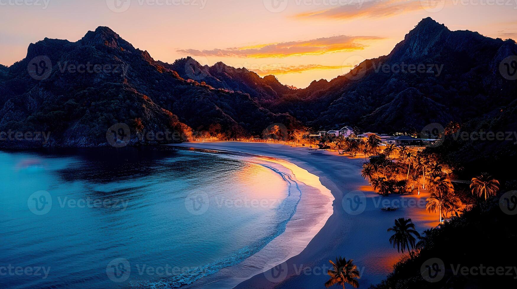 Serene Sunset Beach Scene Tropical Paradise with Palm Trees and Mountains photo