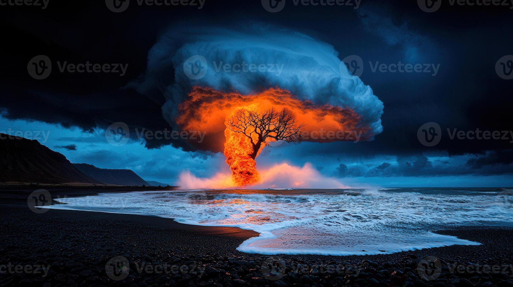Fiery Tree on Beach Dramatic Seascape with Burning Tree and Storm Clouds photo