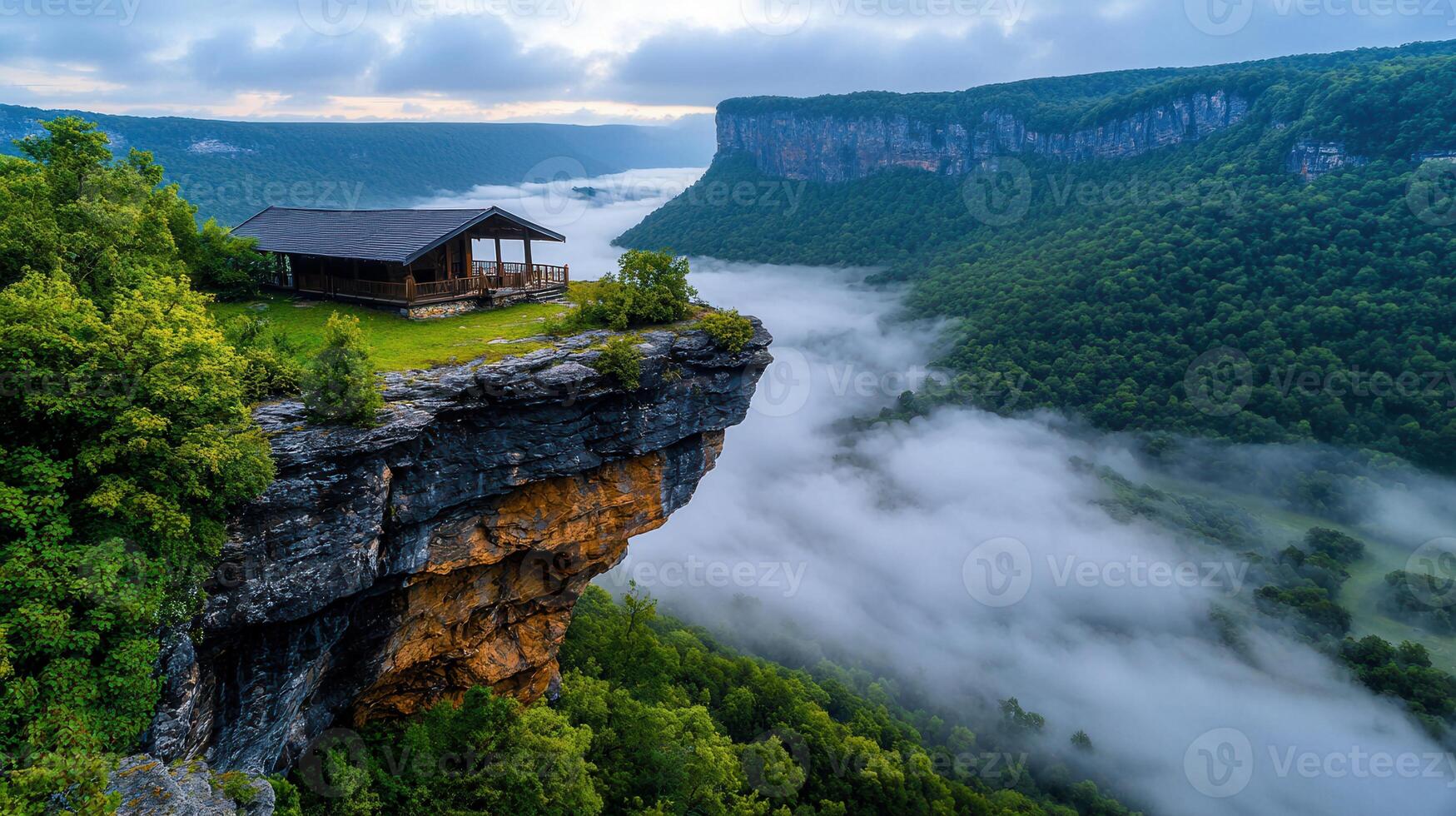Mountaintop Cabin Overlooking Misty Valley Breathtaking Scenic View photo