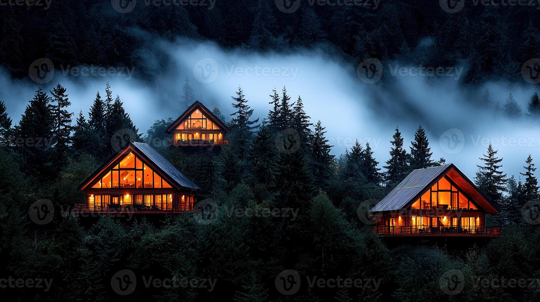 Three Illuminated Cozy Cabins nestled in a Misty Mountain Forest at Dusk photo
