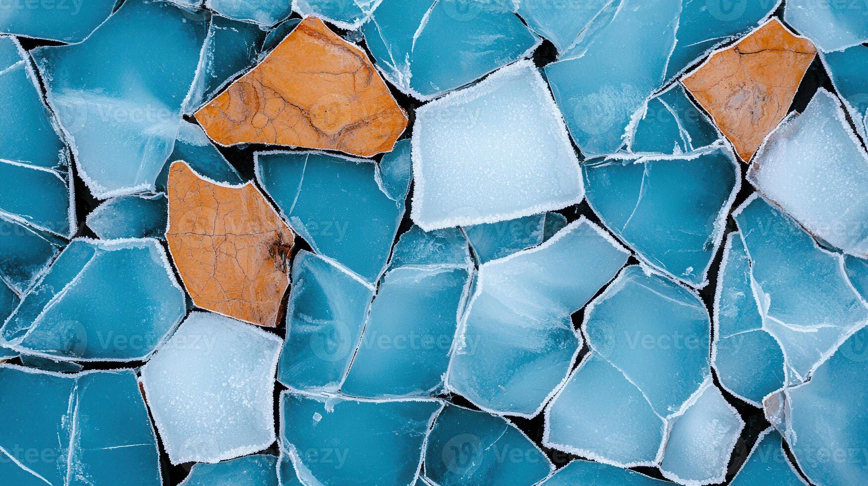 Abstract Winter Ice Texture Broken Blue and Orange Ice Fragments photo