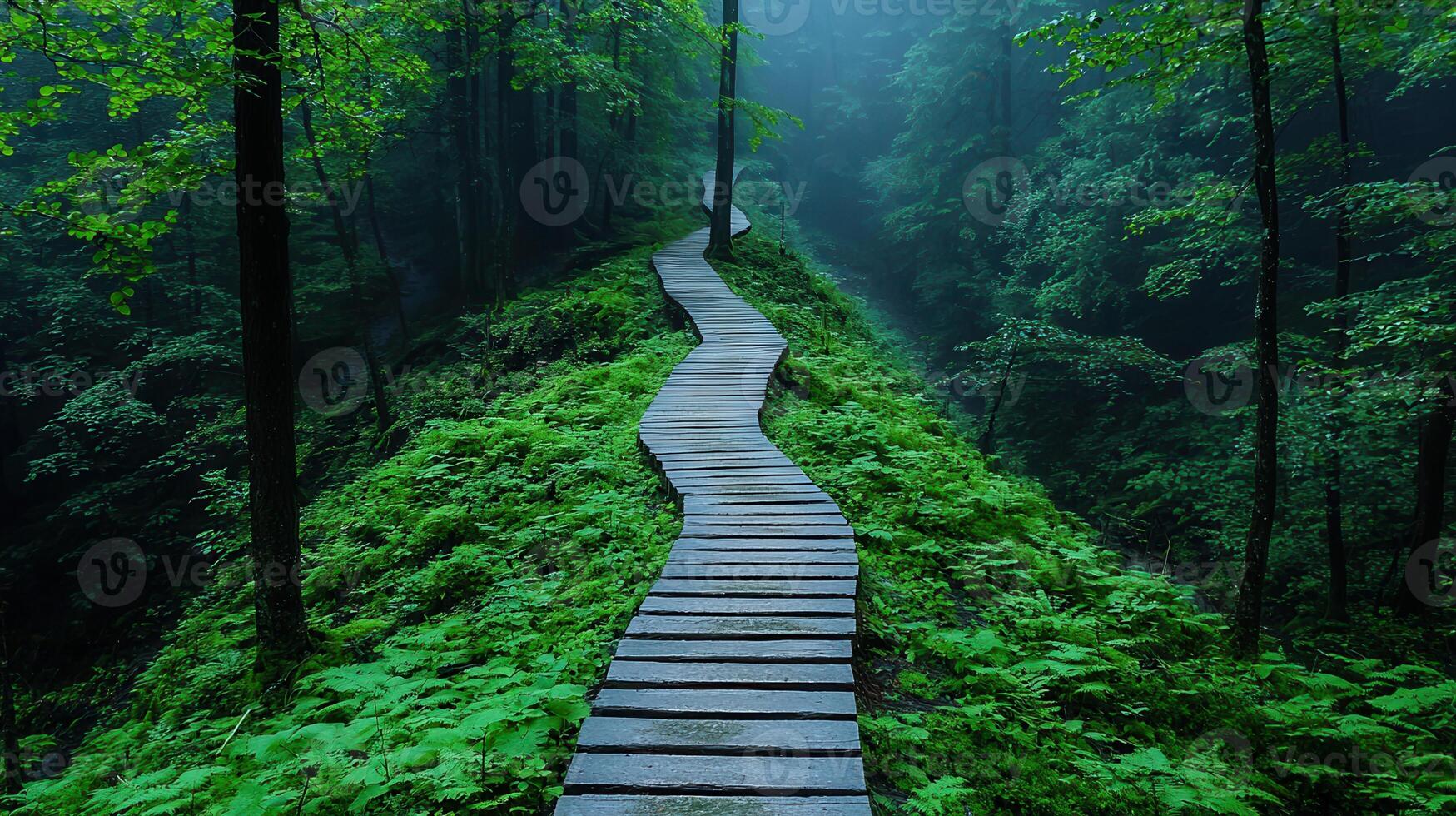 Serpentine Wooden Path Winding Through Lush Green Forest Misty Atmosphere photo