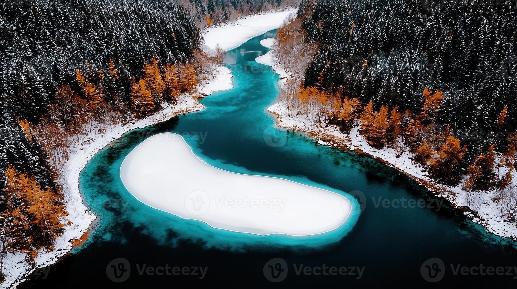 Aerial View of Turquoise River with Frozen Island in Snowy Winter Forest photo