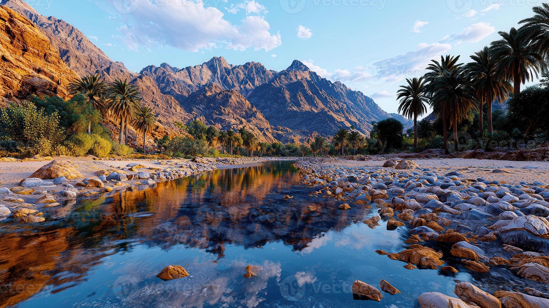 Serene Oasis Mountain Landscape with Palm Trees Rocky River and Stunning Reflections photo