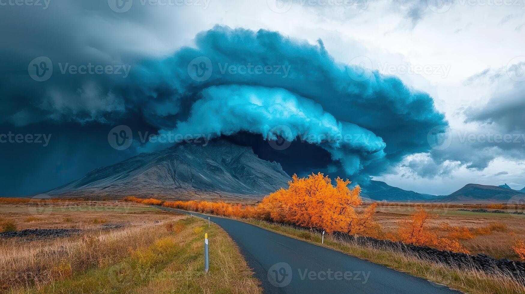 Dramatic Autumn Landscape Road Leading to Mountain Underneath a Stunning Blue Cloud Formation photo