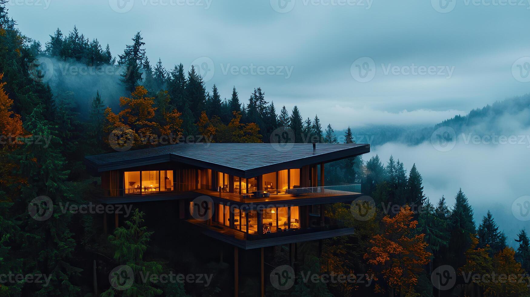 Modern Mountaintop House at Dusk Illuminated Windows Forest View photo