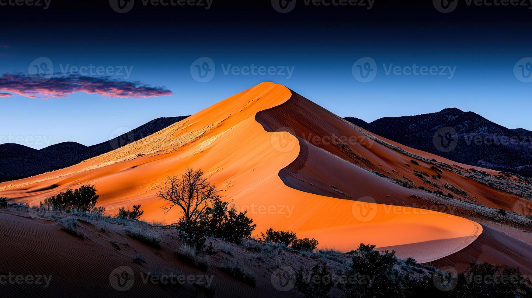 Majestic Sunset over Dramatic Desert Dunes Vibrant Orange Sand Landscape photo