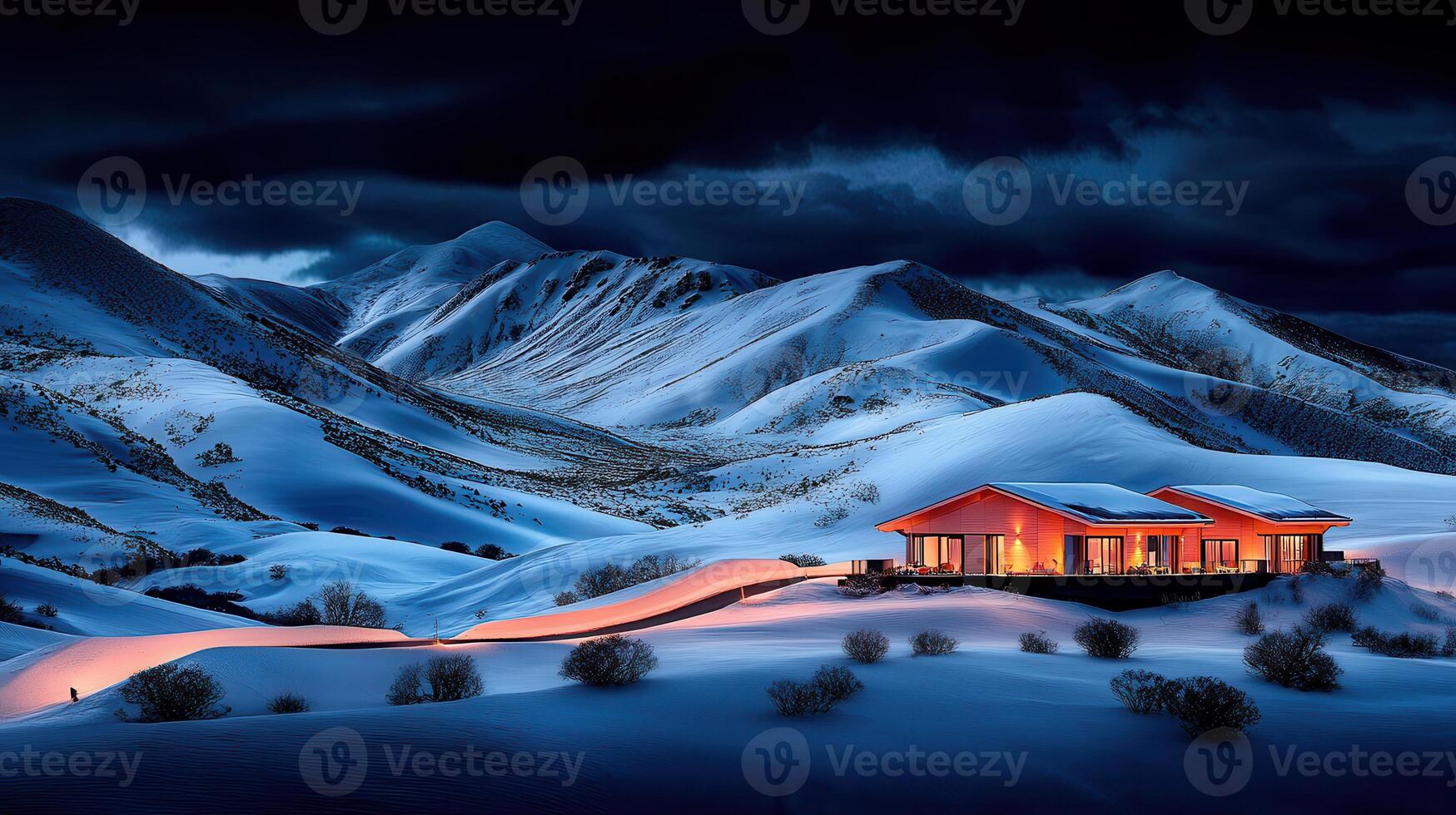 Illuminated Mountain Cabin Retreat Winter Night Snowscape Landscape photo