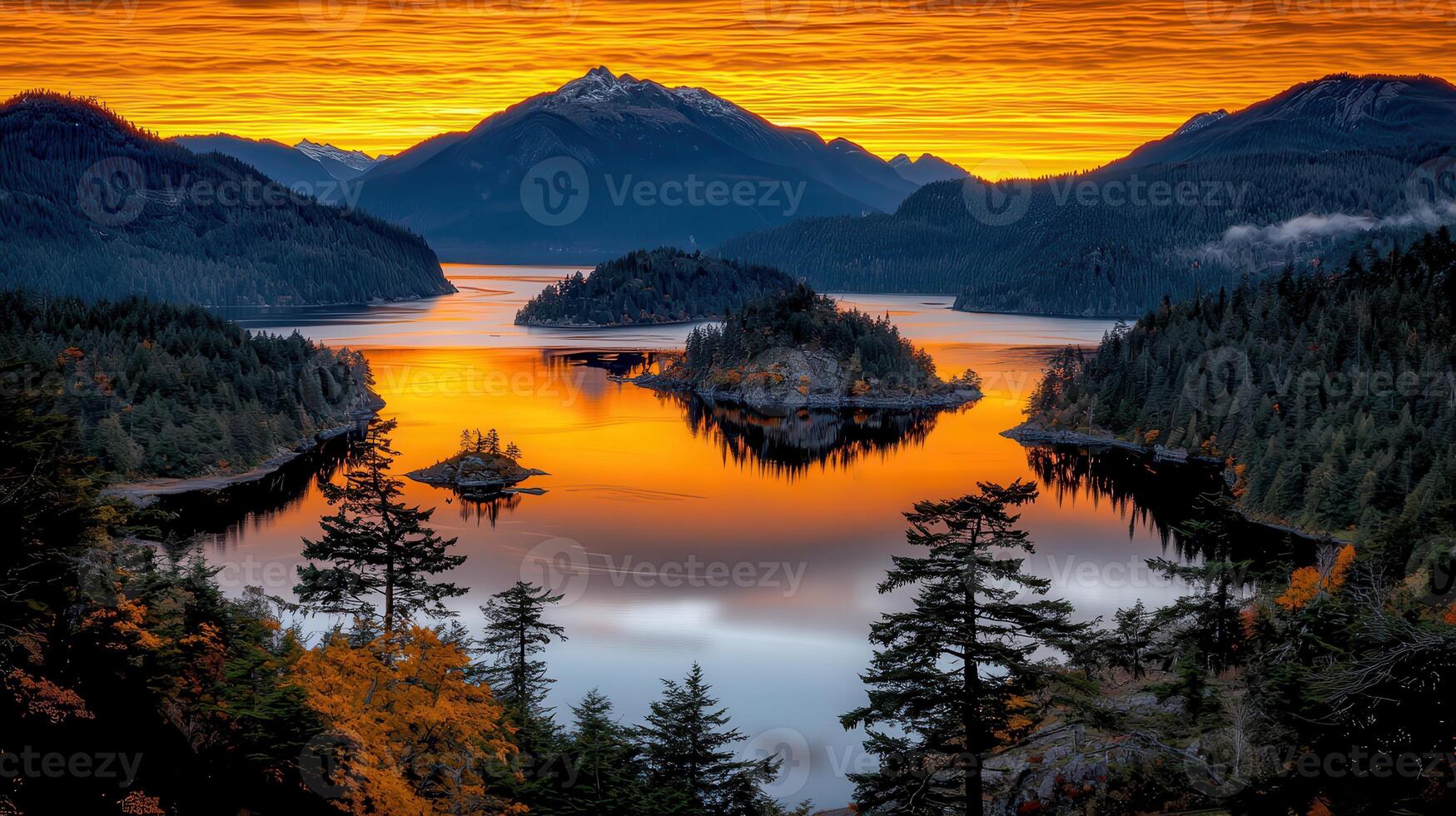 Stunning Sunset over Mountain Lake and Islands Golden Hour Landscape Photography photo