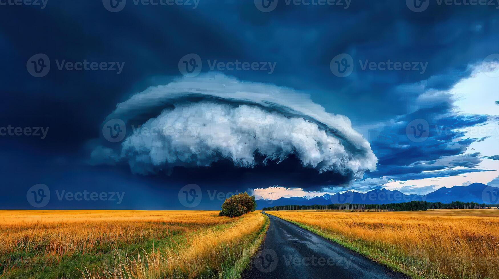 Dramatic Storm Clouds over Golden Wheat Field and Rural Road photo