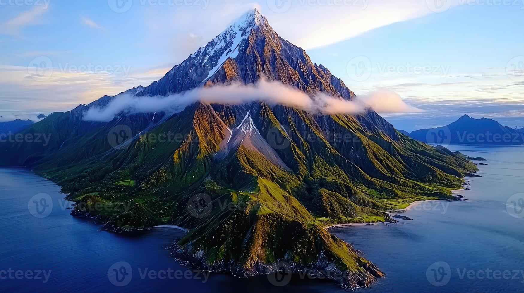 Majestic Coastal Mountain Peak with Clouds Dramatic Ocean View Aerial Landscape photo