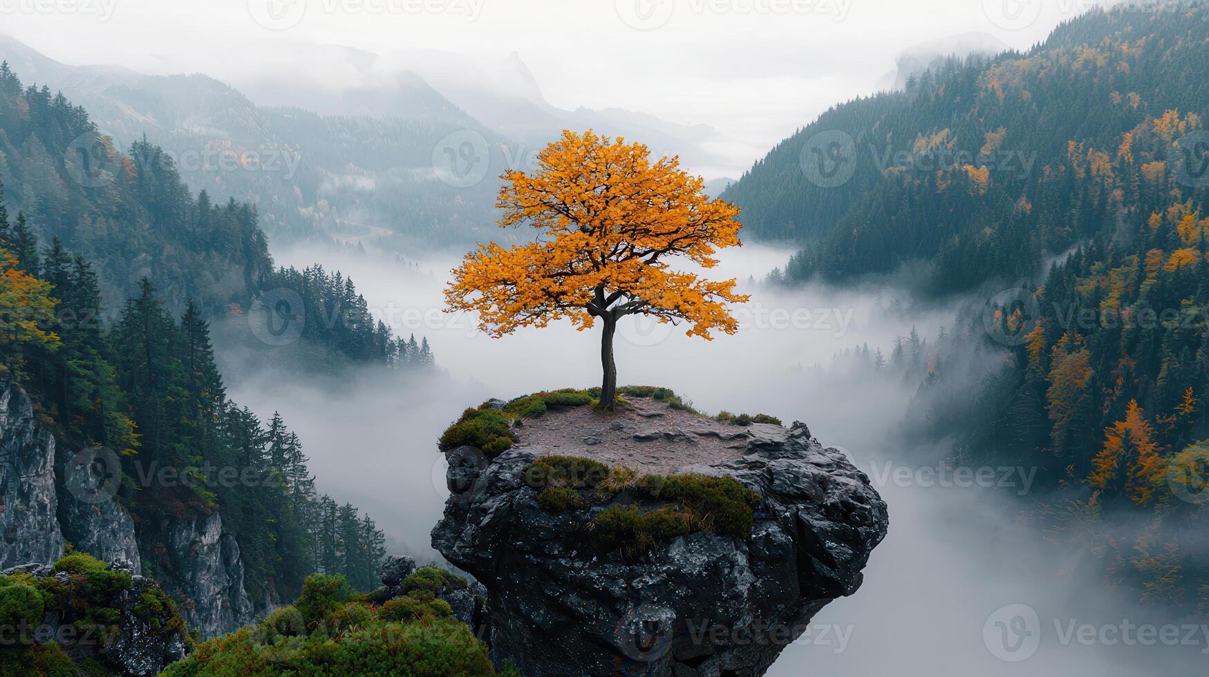 Solitary Autumn Tree on Mountaintop Rock Misty Valley Landscape photo
