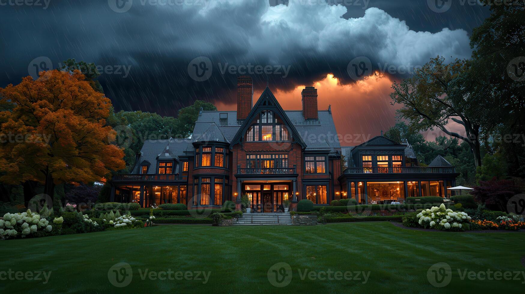 Majestic Victorian Mansion in Rain Storm Dramatic Night Scene Autumn Landscape photo