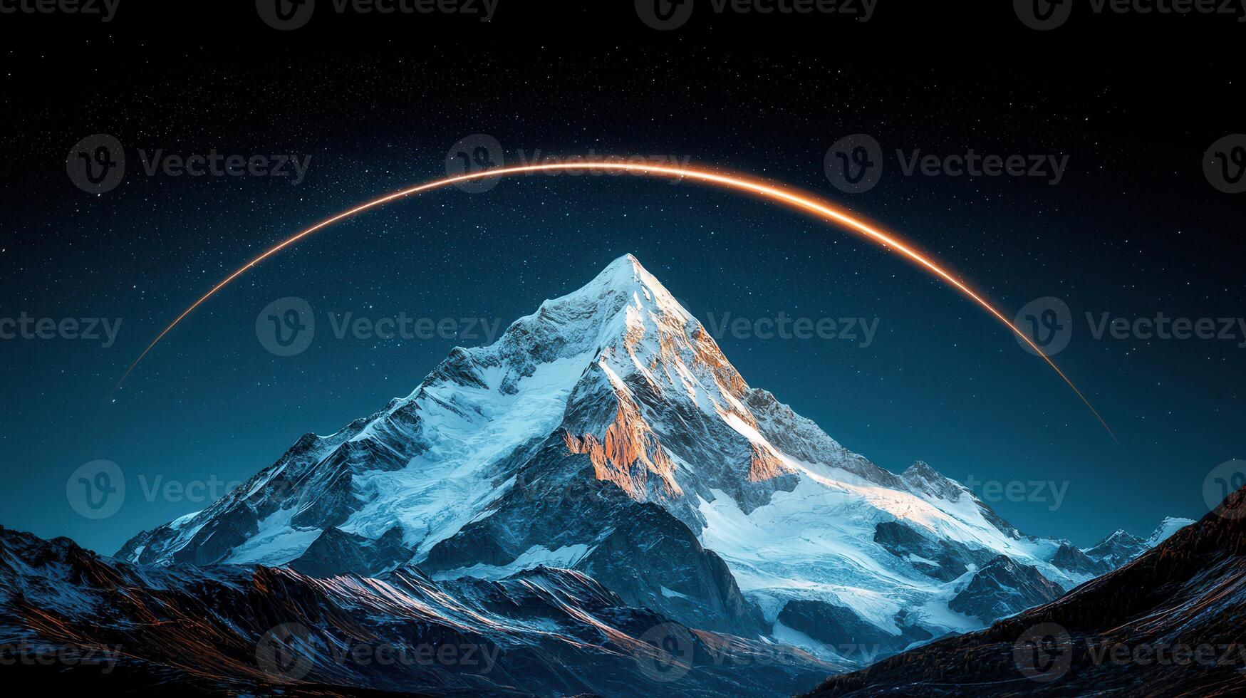 Majestic Snow Capped Mountain Peak with Night Sky and Meteor Trail photo
