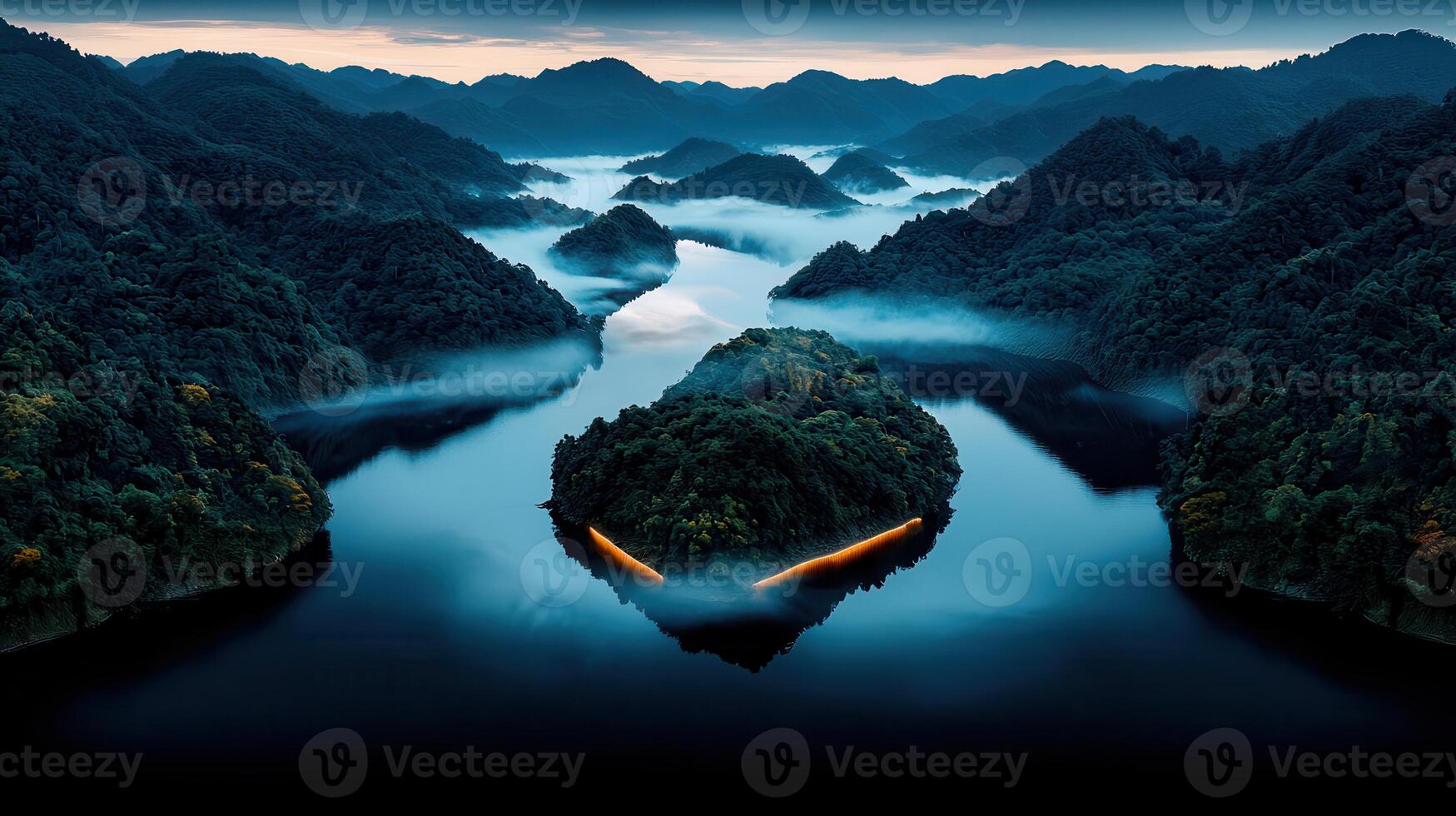 Serene Island Lake at Dawn Misty Mountains Tranquil Waters Scenic Landscape photo