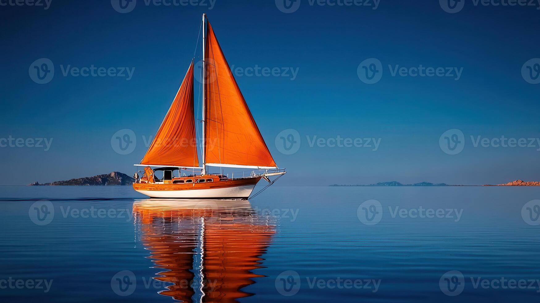 Serene Sailing Yacht with Orange Sails on Calm Ocean Waters photo